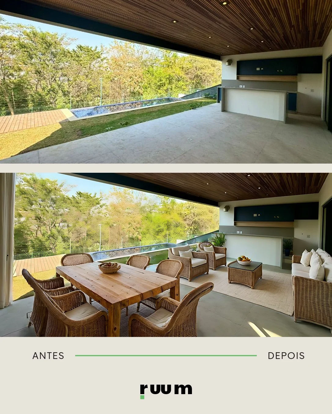 Antes e depois do imóvel da aCasa7 com o Staging Virtual da RUUM