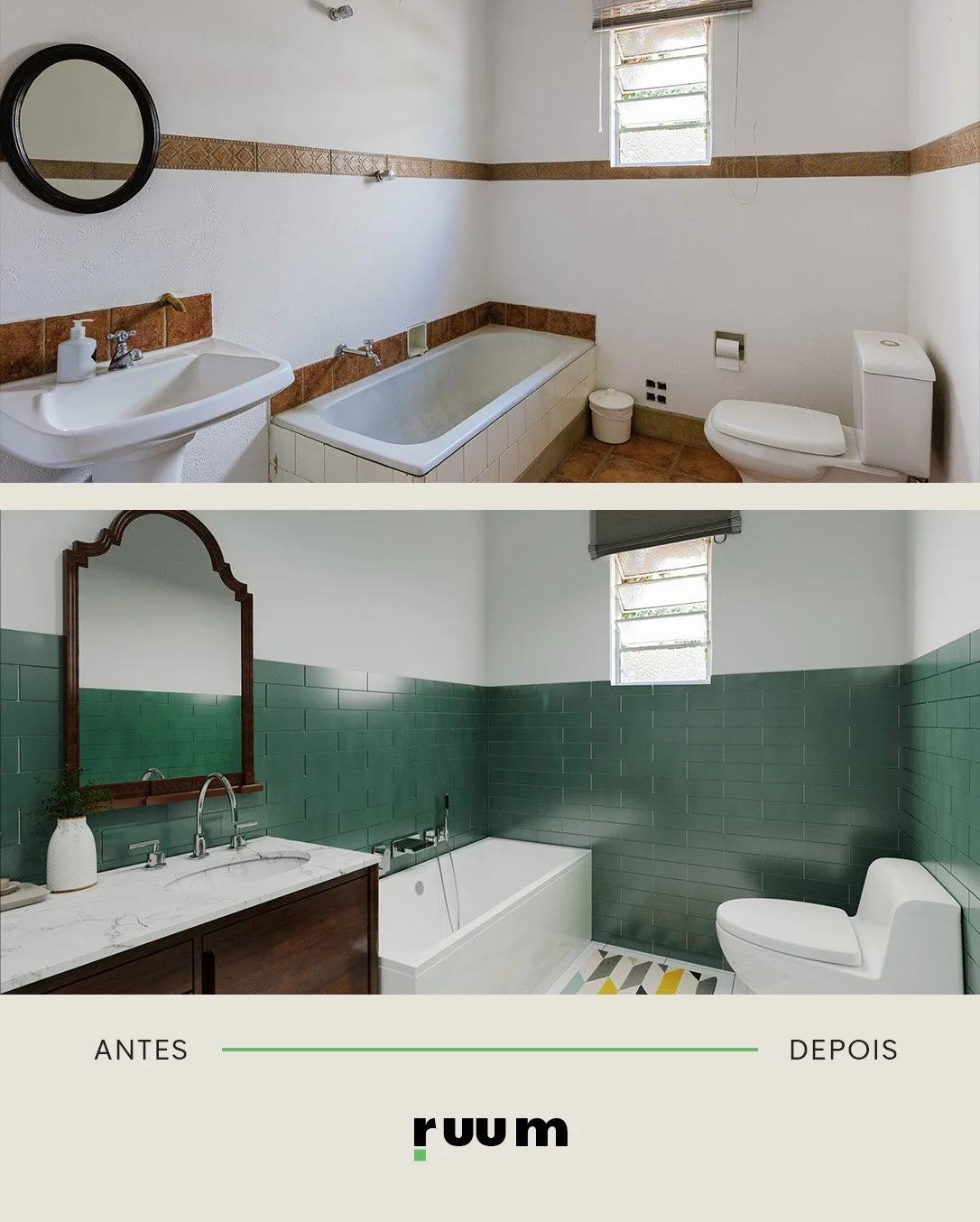 Antes e depois da cozinha retrô da Casa Ipiranga revitalizada pela RUUM