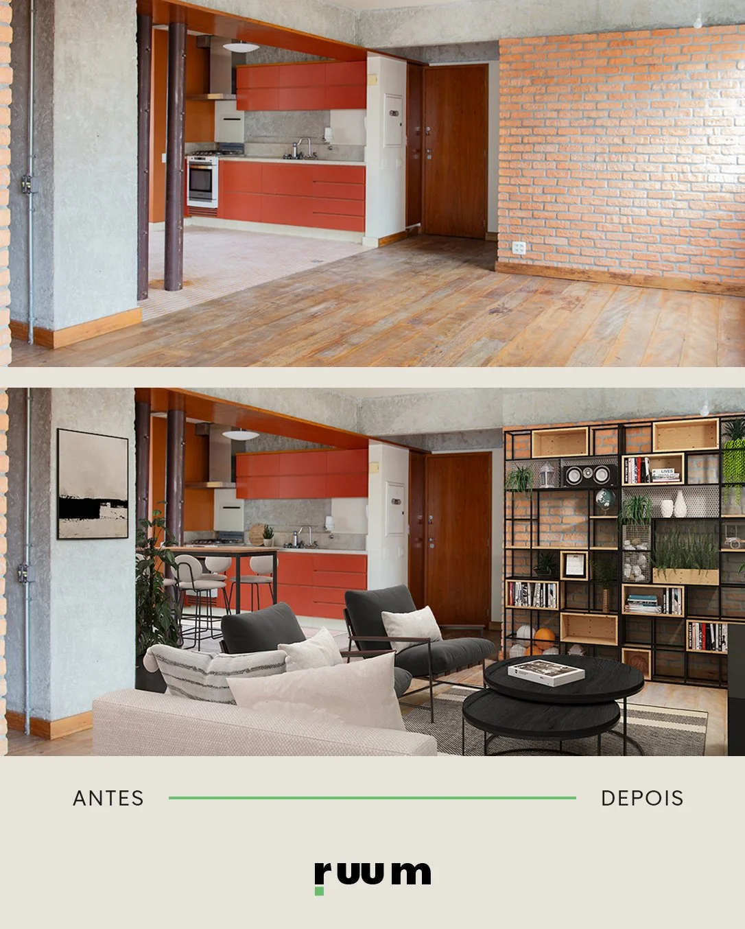 Antes e depois: living do apartamento industrial ambientado pela RUUM