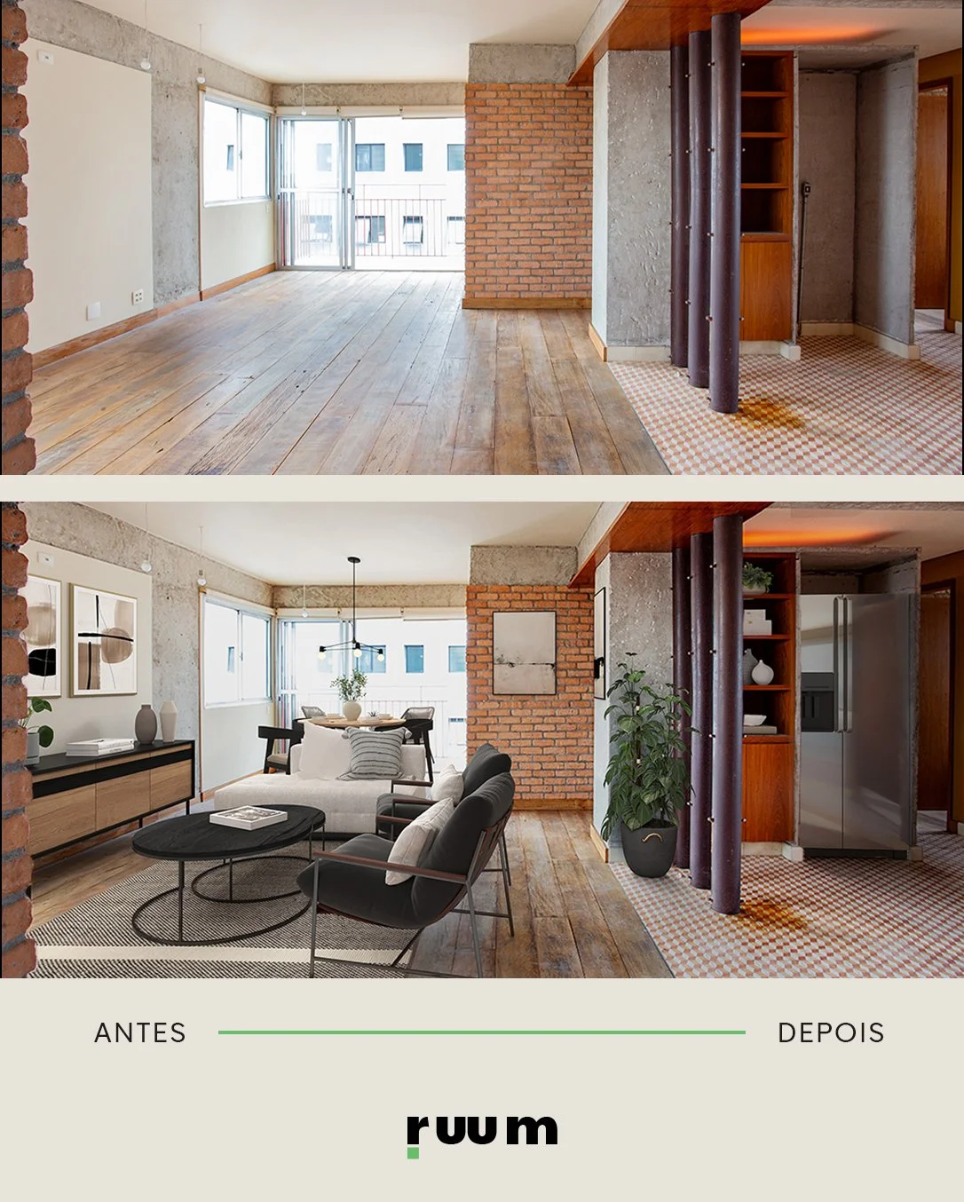 Antes e depois: outro ângulo do apartamento industrial ambientado