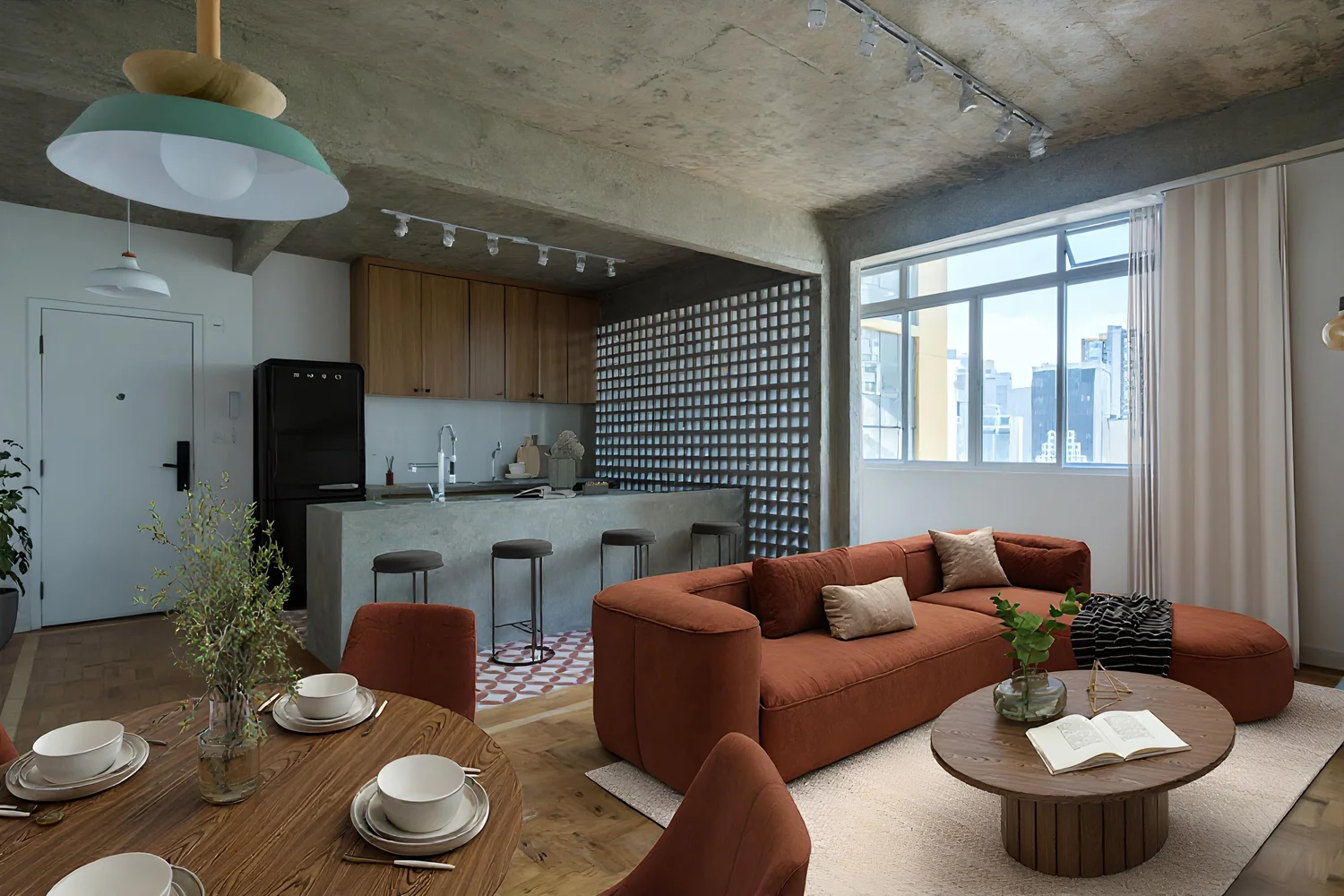 O apartamento ambientado pela RUUM, com piso hidráulico e cobogó valorizados