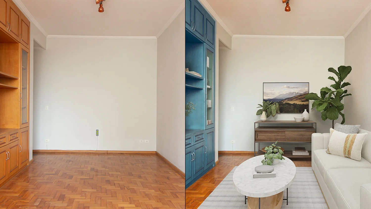 Ambientação com o armário azul no apartamento da Aclimação