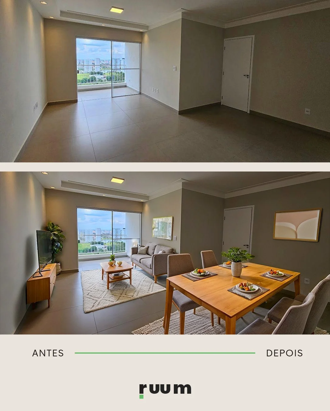 Antes e depois do imóvel da Trevizan com o Staging Virtual da RUUM