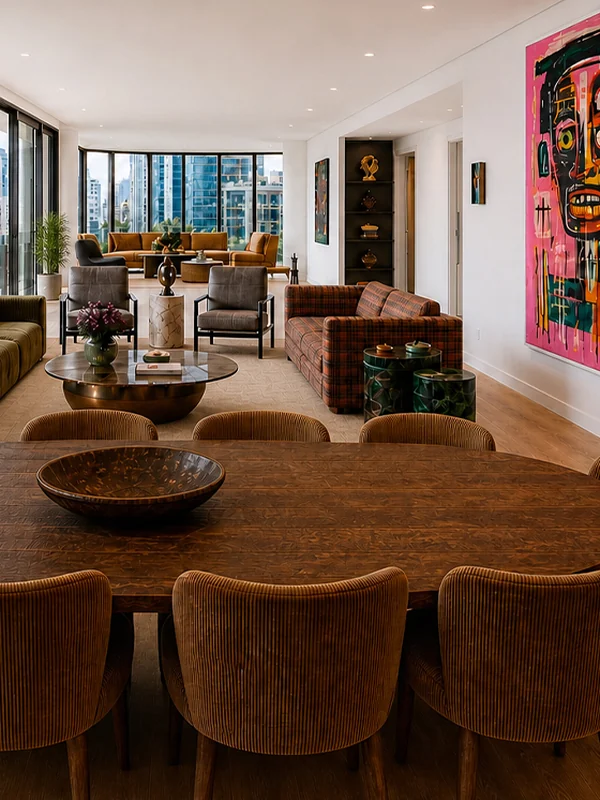 Sala de jantar em estilo Brutalismo Artístico: arte colorida, cadeiras de couro e vista para a cidade