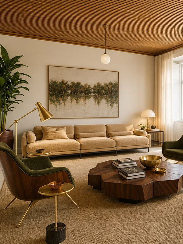 Sala em estilo Elegância Atemporal: forro de madeira, poltronas verdes e luz quente