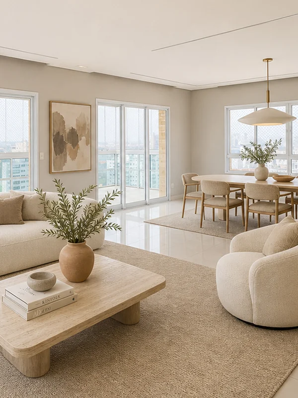 Living e jantar em estilo Contemporâneo Minimalista: paleta branca e linhas limpas