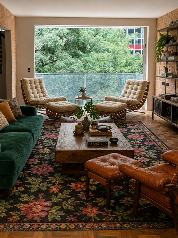 Sala em estilo Vintage Tropical: sofá de veludo verde, tapete estampado e tijolo aparente