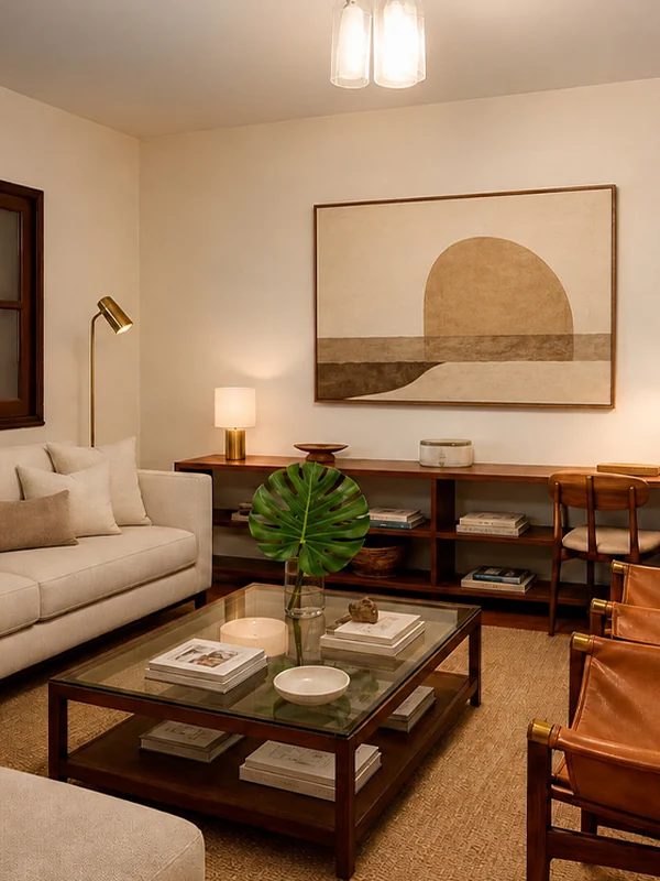 Sala em estilo Modernismo Brasileiro: móveis de madeira, cores quentes e luz âmbar