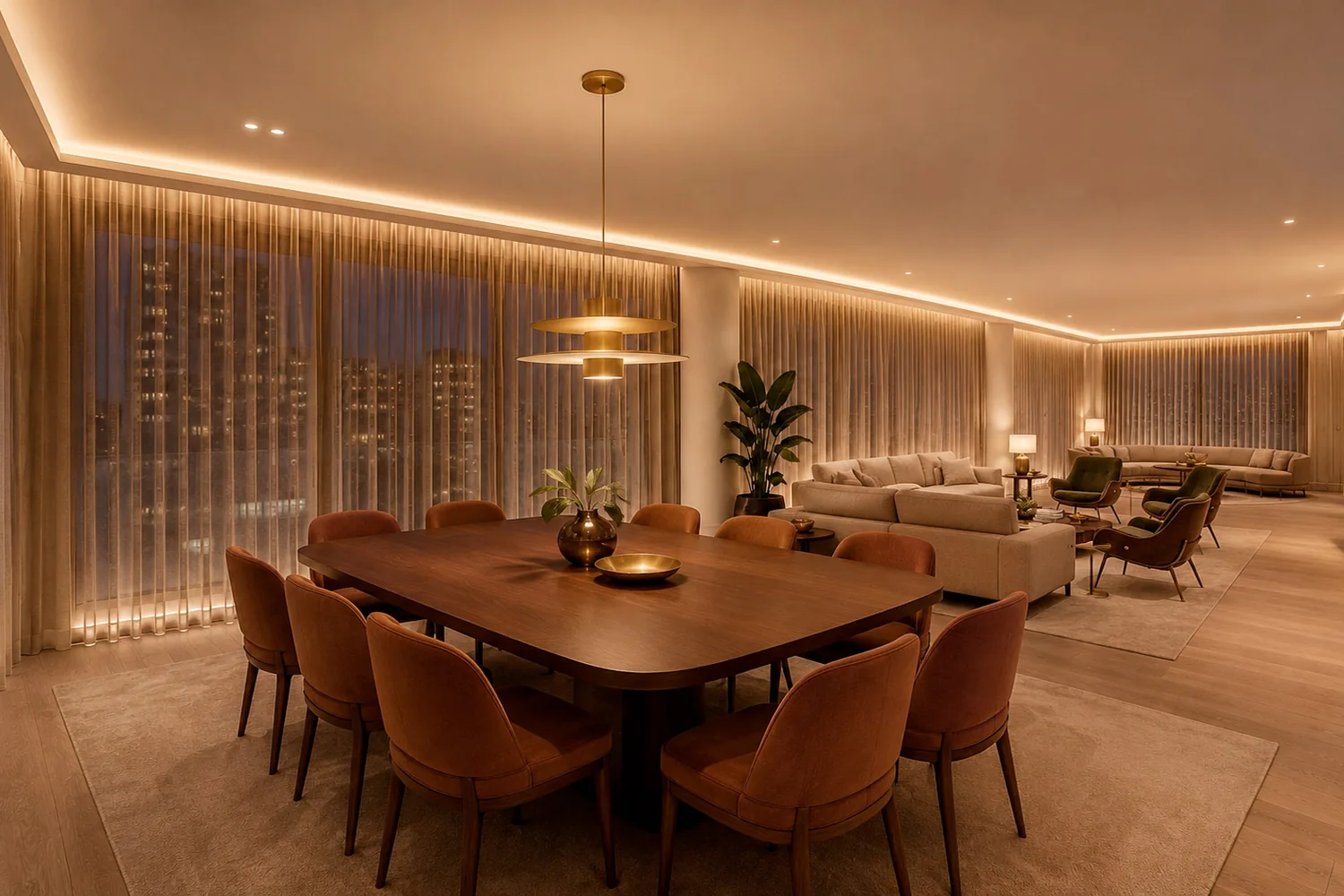 Sala de estar e jantar ambientada pela RUUM: mesa de jantar em madeira, sofás e luz quente, com vista para a cidade
