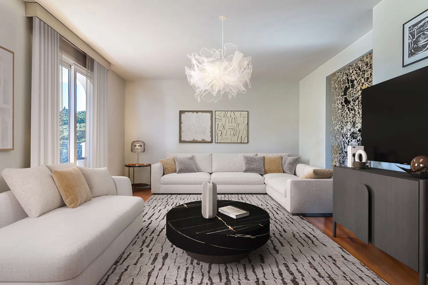 Mesma sala com a decoração trocada pela RUUM: paleta clara e contemporânea